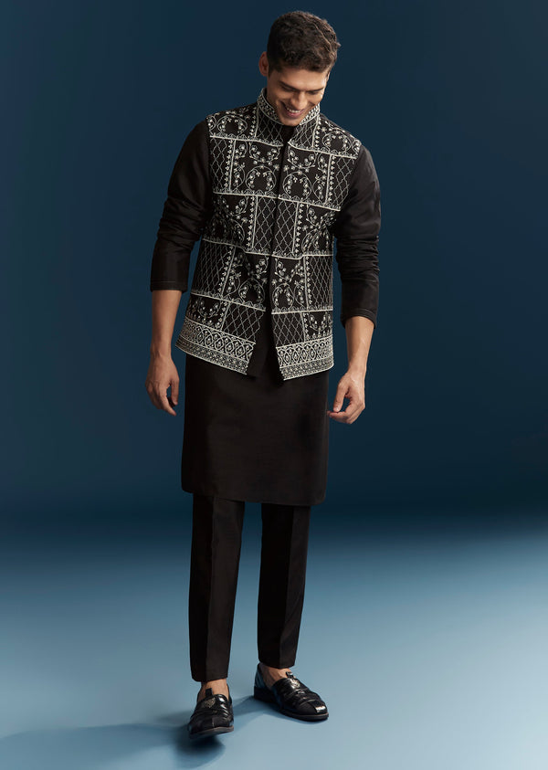 Black Silk Kurta Jacket Set With Thread Detail Work