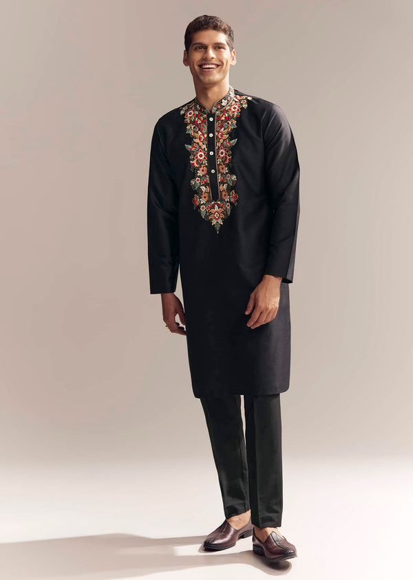 Black Silk Kurta Set For Men With Multi Colour Resham Embroidery