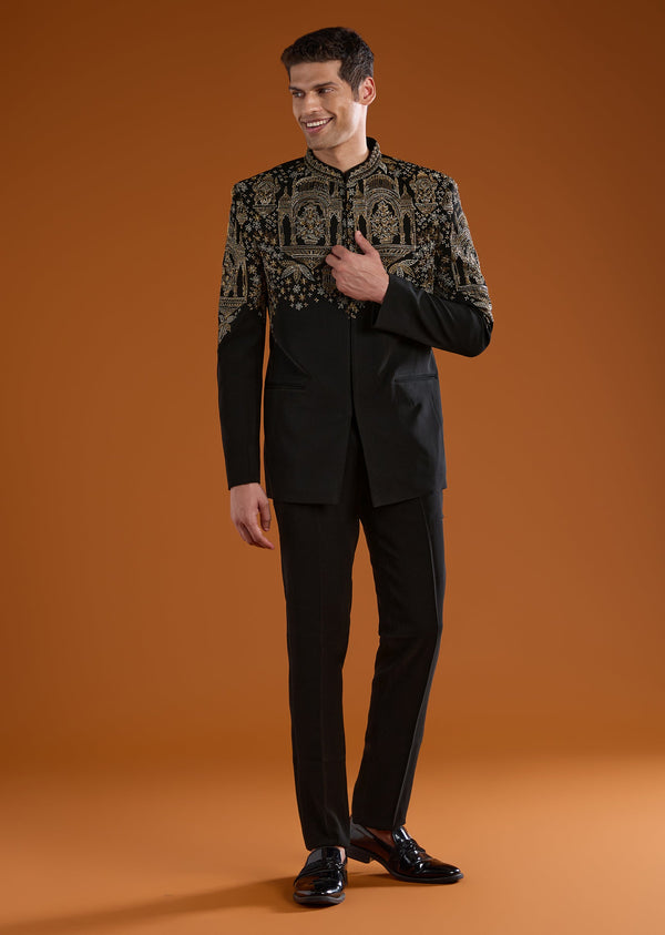 Black Suiting Jodhpuri Pant Set with Embroidery