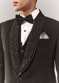 Black Tuxedo Set With Waistcoat And Cutdana Work