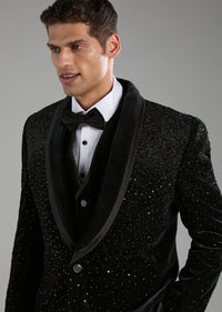 Black Velvet Embellished Tuxedo Set with Bow Tie