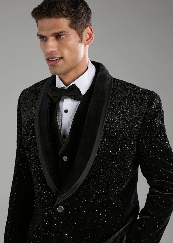 Black Velvet Embellished Tuxedo Set with Bow Tie