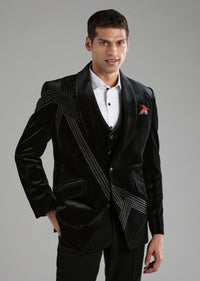 Black Velvet Embellished Tuxedo, Shirt Set with Bow Tie