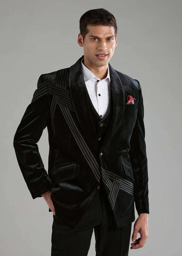 Black Velvet Embellished Tuxedo, Shirt Set with Bow Tie