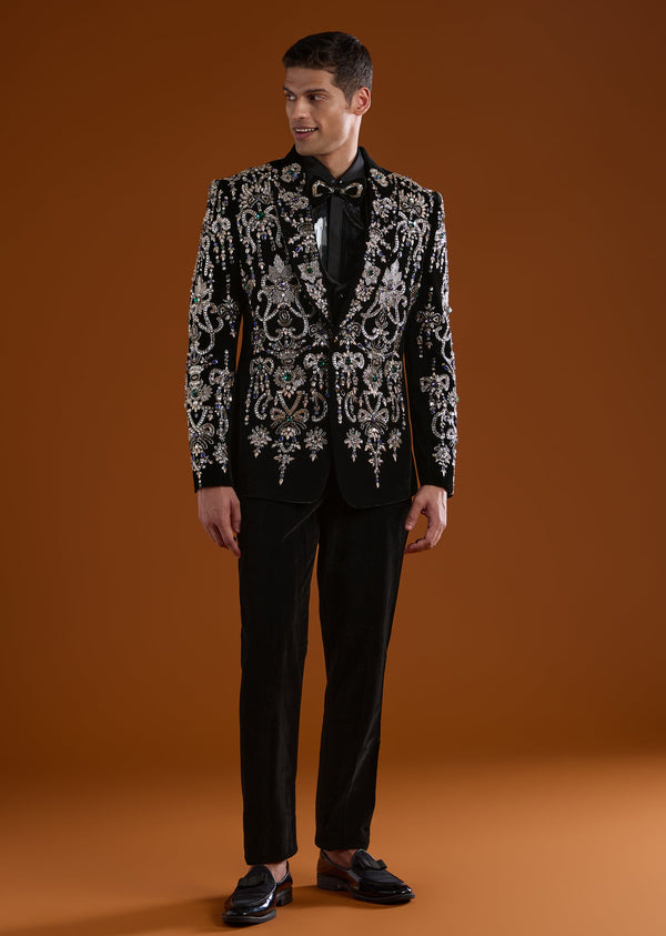 Black Velvet Mens Tuxedo With Stone Zari Cut Dana And Thread Work