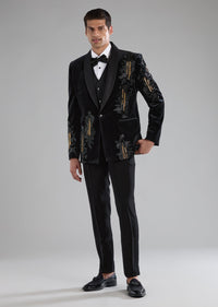 Black Velvet Tuxedo with Zardozi Embellished Detail