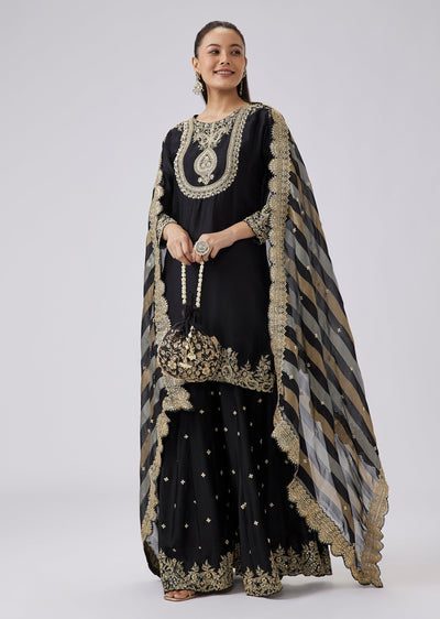 Black Zari and Moti Embroidered Kurta with Palazzo