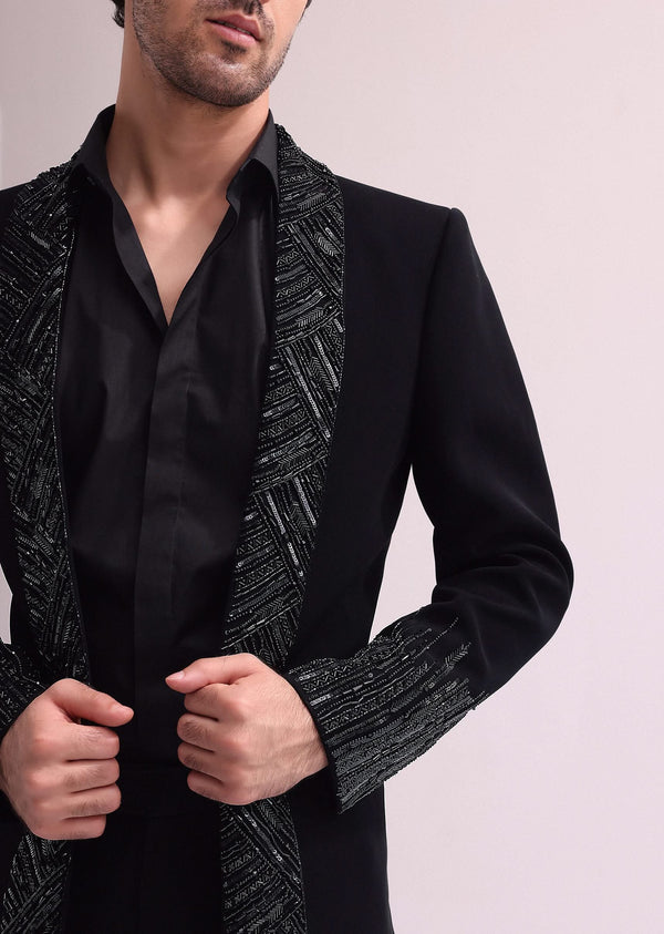 Black Lapel Tuxedo In Suiting With Shirt And Pants