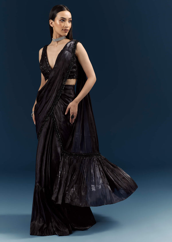 Black Organza Ready Pleated Saree With Heavy Embroidery