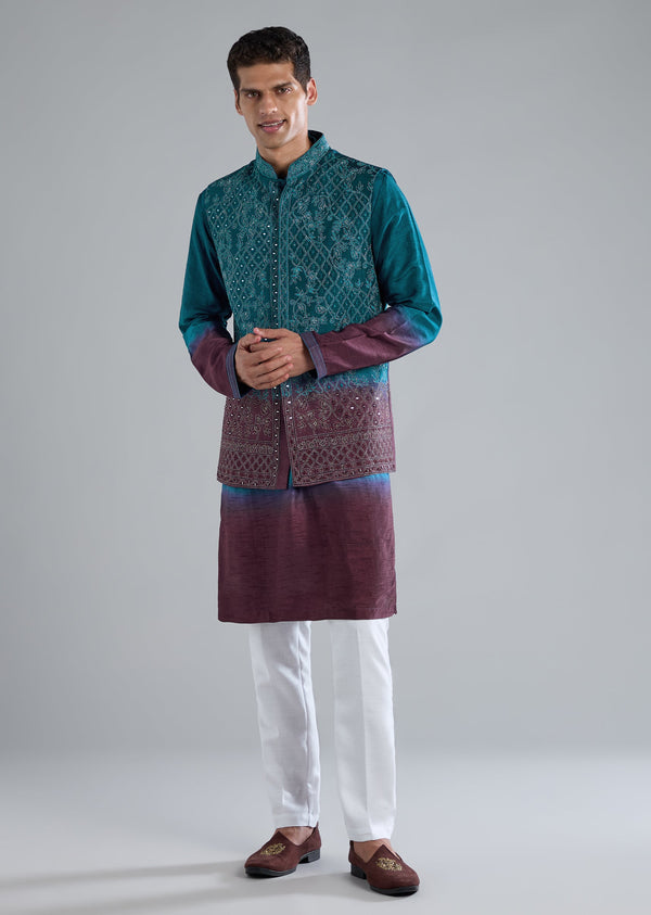 Blue And Purple Kurta Jacket Set With Zari And Mirror Work