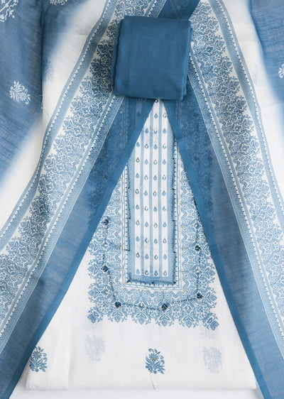 Blue And White Cotton Printed Dress Material Set