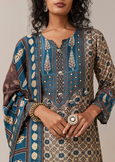 Blue Sequins Indie Print Asymmetric Silk Kurta Set