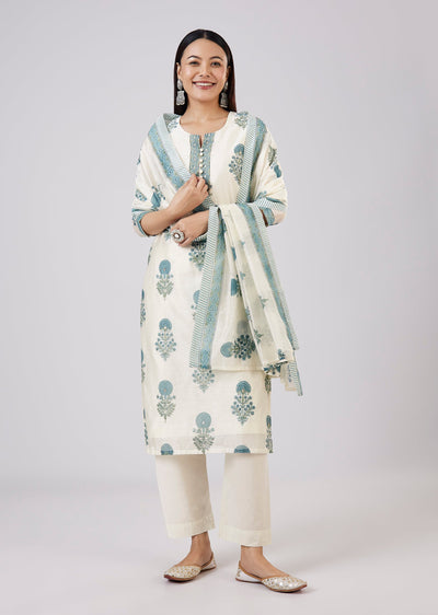 Blue Block Print Chanderi Kurta Set