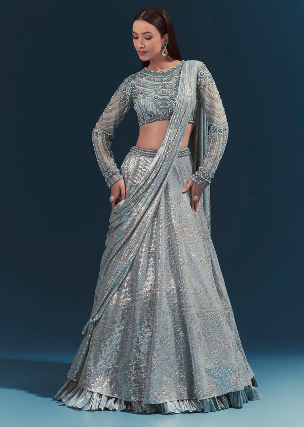 Blue Bridesmaid Lehenga With Net Long Sleeves Blouse And Cutdana Work