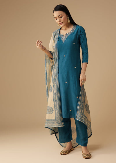 Blue Cotton Silk Gota Embroidered Kurta Set