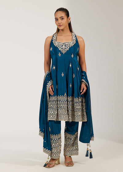 Blue Crepe Heavily Embellished Sleeveless Anarkali Suit Set
