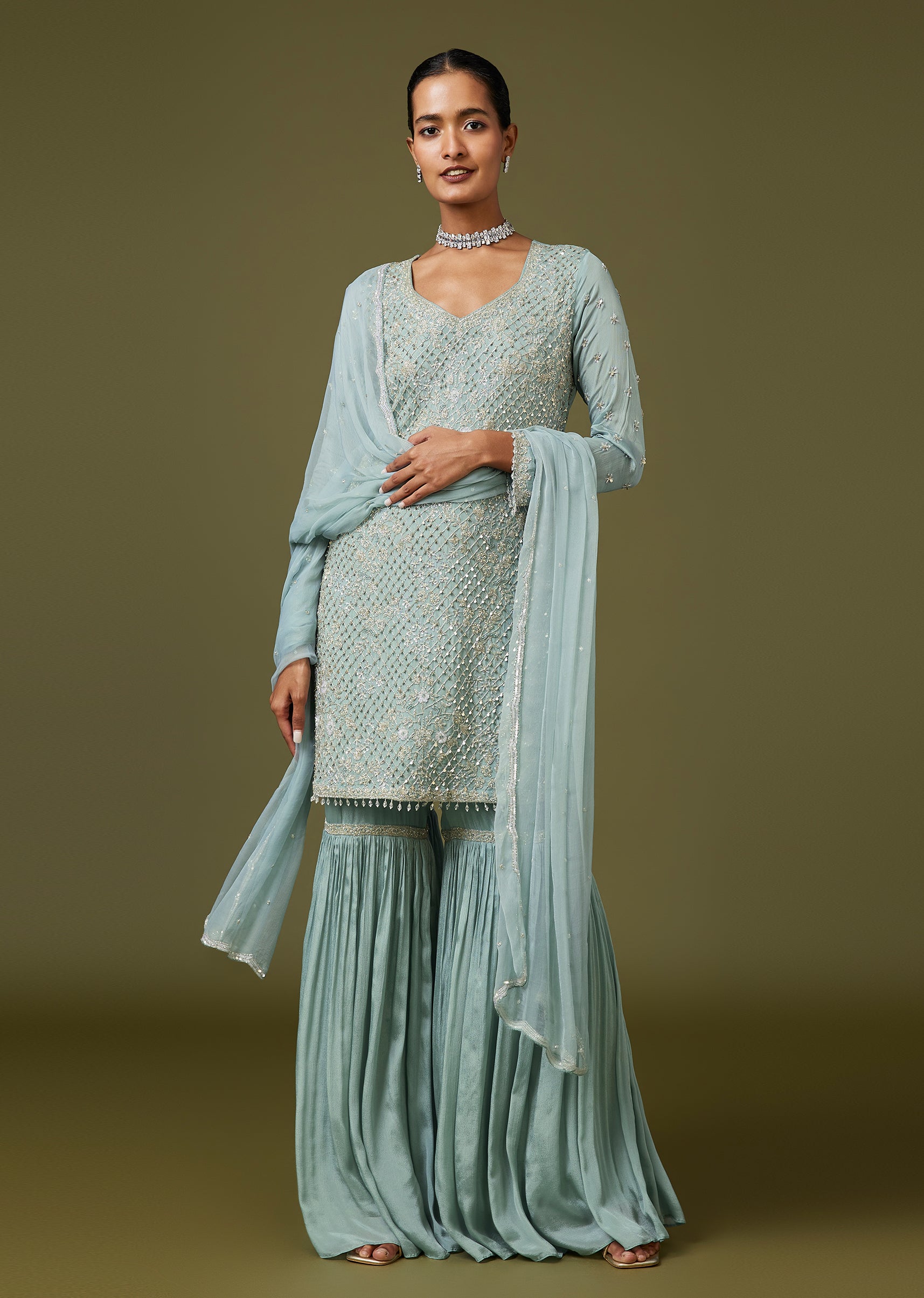 Blue Cut Dana Sequin Sharara Set With Dupatta