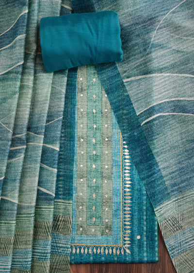 Blue Printed Dola Silk Suit Set