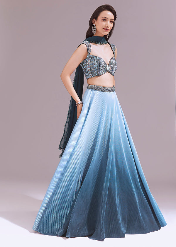 Blue Embroidered Lehenga Set With Dupattas