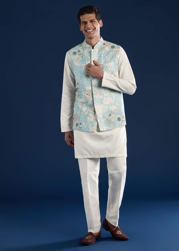 Blue Floral Print Silk Jacket Kurta Set