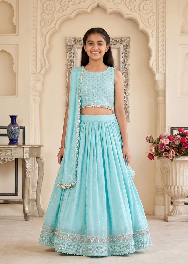 Blue Gold Lehenga Set With Sequin Sparkle