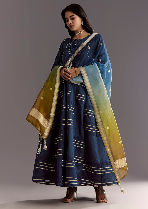 Blue Gotta Work Anarkali Suit With Ombre Organza Dupatta