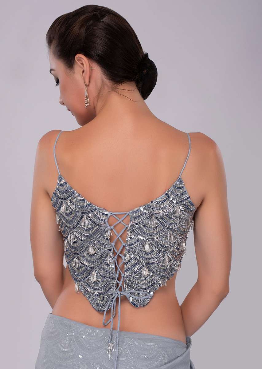 Blue heather fancy saree gown with side slit drape and attached pallo