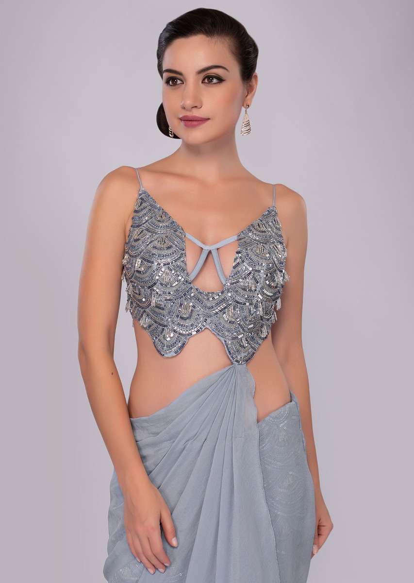 Blue heather fancy saree gown with side slit drape and attached pallo