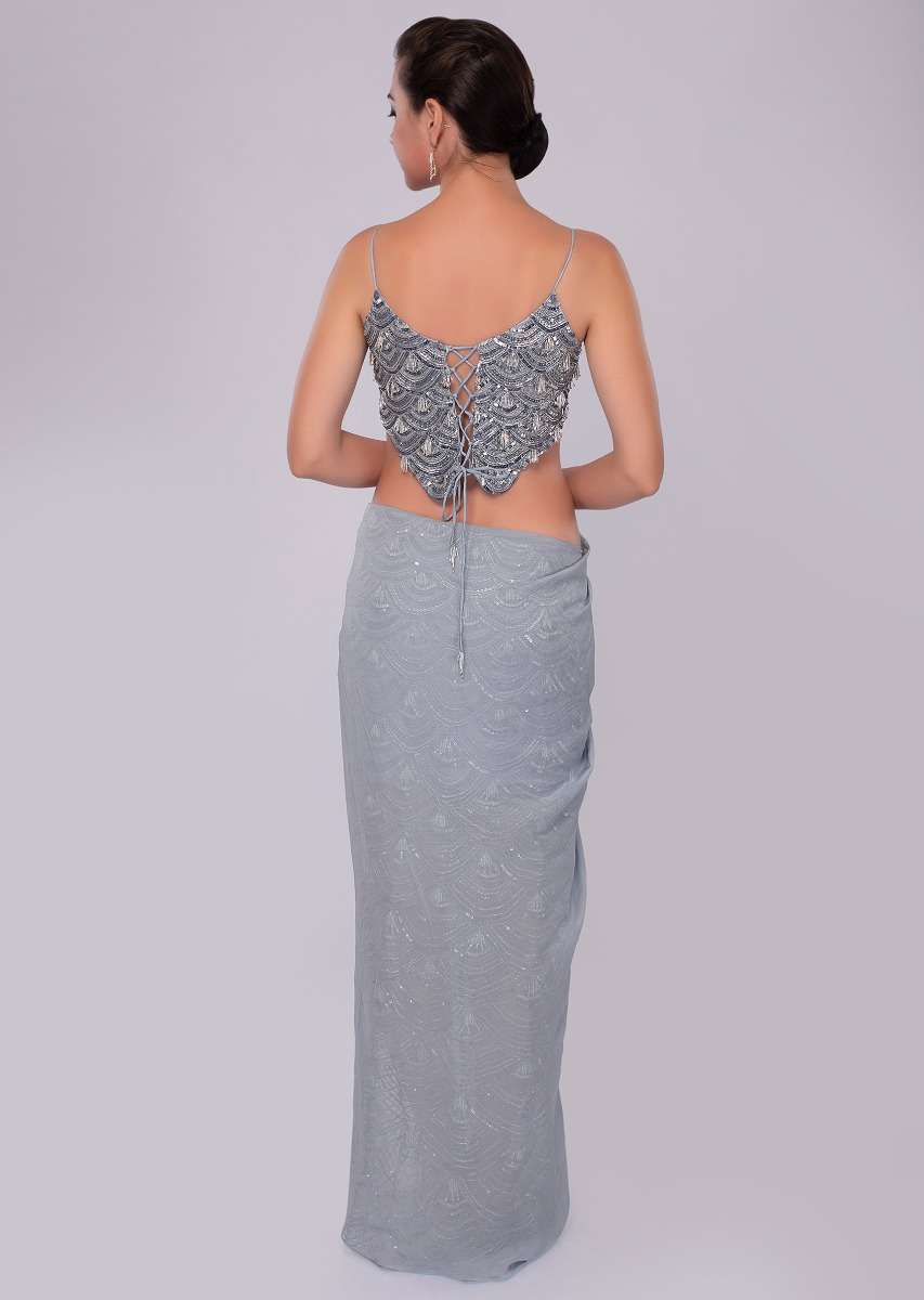 Blue heather fancy saree gown with side slit drape and attached pallo