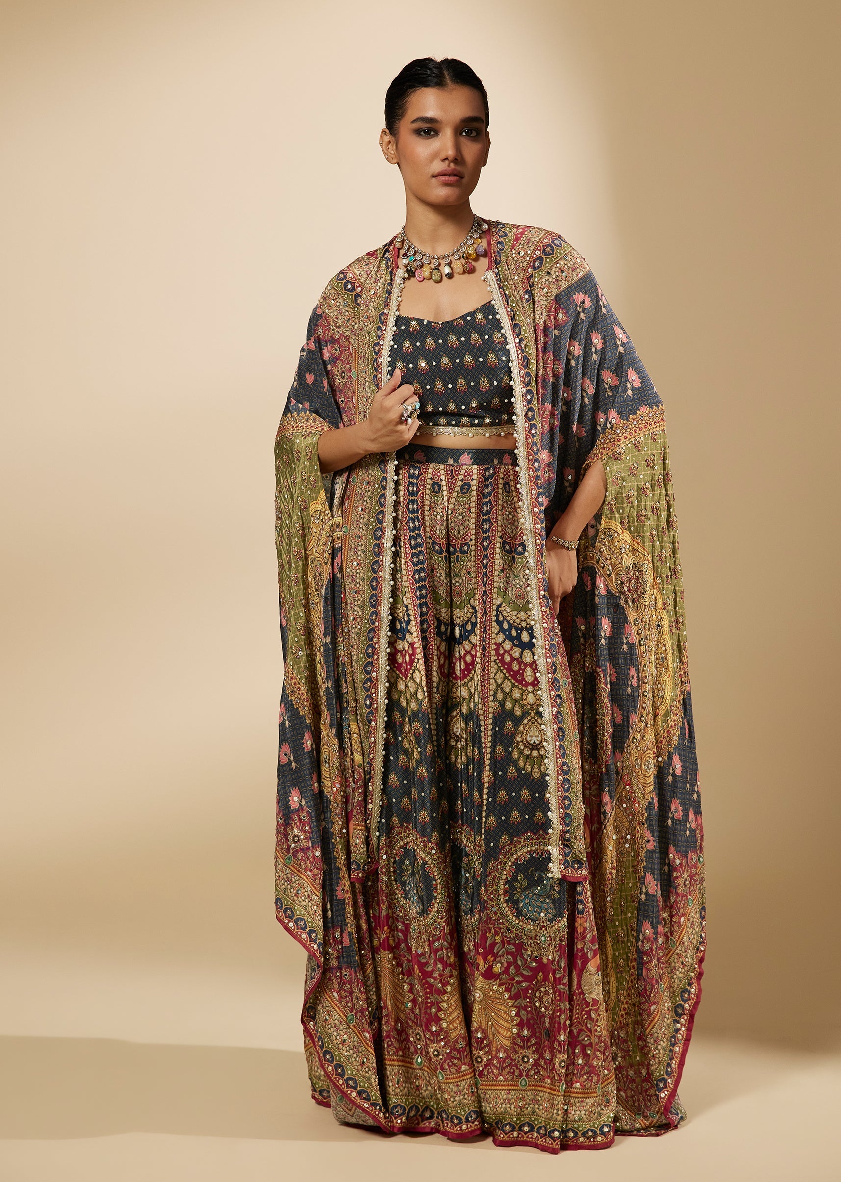 Blue Indie Printed Crop Top Cape Set With Mirror And Moti Work