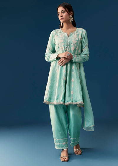 Blue Peplum Pakistani Style Anarkali Suit Thread Work With Dupatta