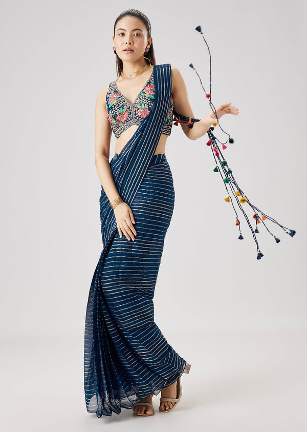 Blue Ready Pleated Saree With Resham Embroidered Blouse