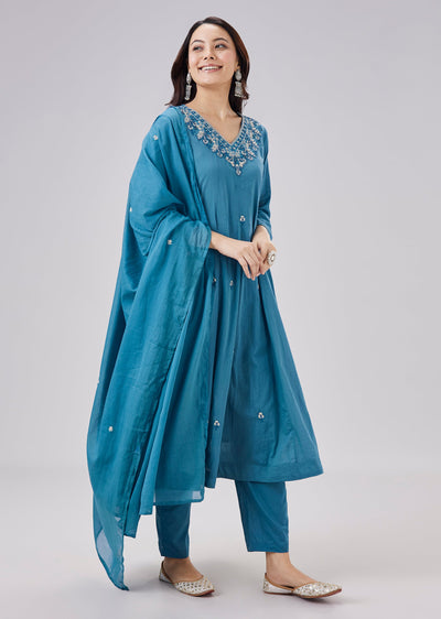 Blue Resham Embroidered Mulmul Anarkali Set With Dupatta