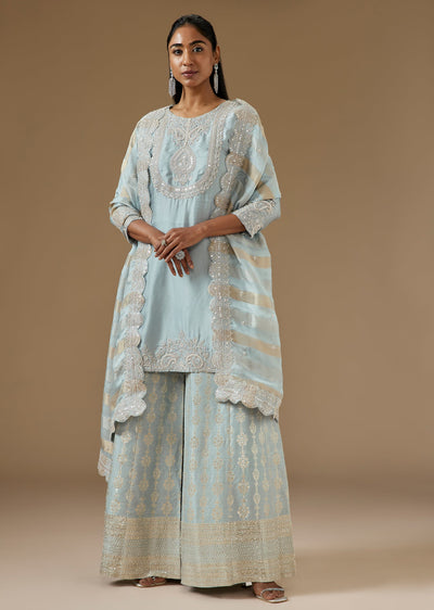 Blue Satin Palazzo Suit With Moti And Sequin Embellished Kurta
