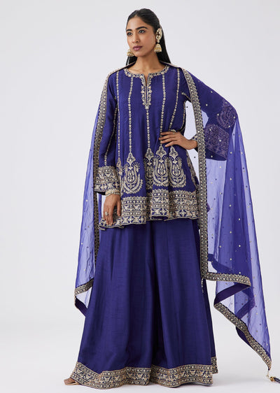 Blue Silk A Line Palazzo Suit With Sequined Embroidery