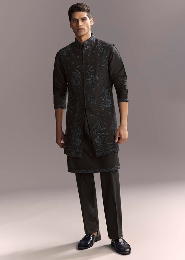 Blue Silk Kurta Jacket Set For Men With Resham Work