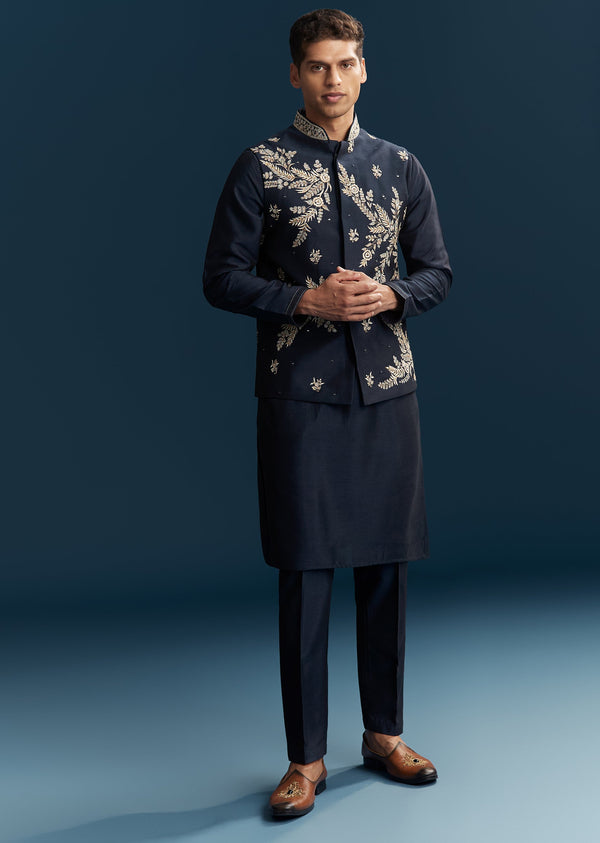 Blue Silk Kurta Jacket Set With Thread Mirror And Sequin Bead Work