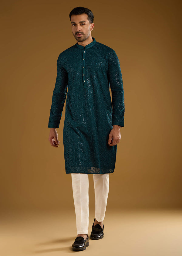 Blue Silk Kurta Set For Men With Minimal Hand Embroidery