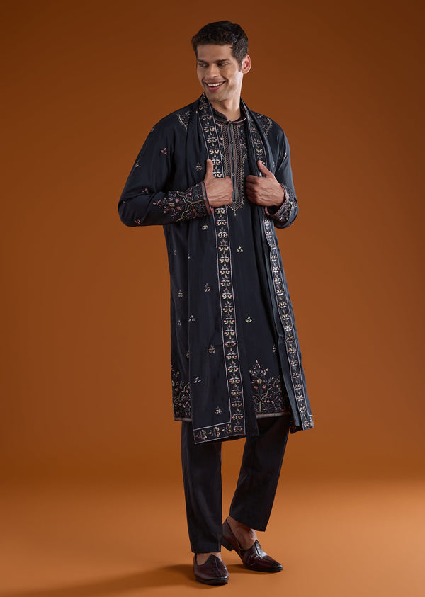 Blue Silk Kurta Set With Resham Work And Dupatta