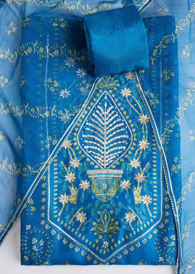 Blue Silk Printed Dress Material Set With Sequin Embroidered Detailing