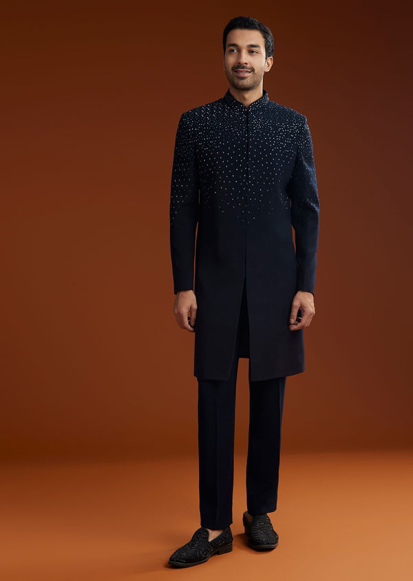 Blue Suiting Indo Jacket Set With Shimmering Embellishments