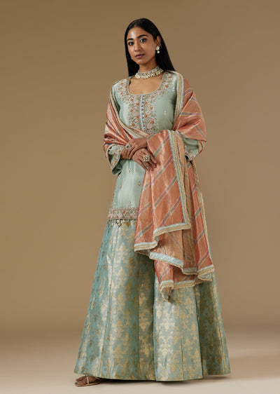 Blue Tissue Palazzo Suit With Banarasi Silk Palazzo And Printed Dupatta