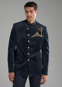 Blue Velvet Embellished Jodhpuri and Pant Set