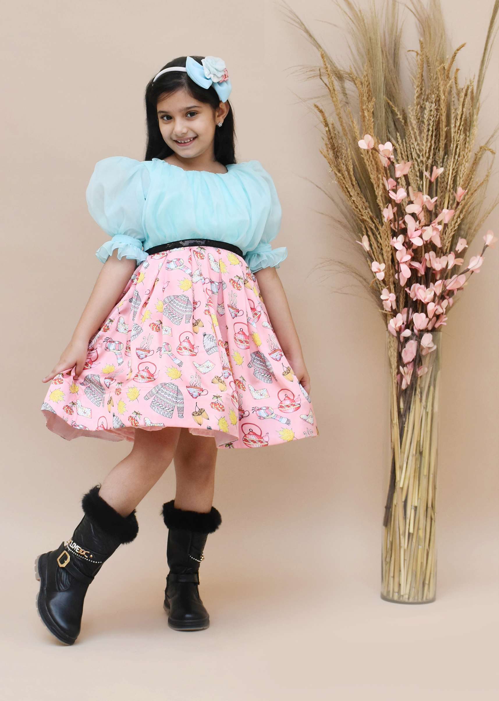 Buy Blue And Pink Organza Printed Dress With Ruffel Sleeves| KALKI ...