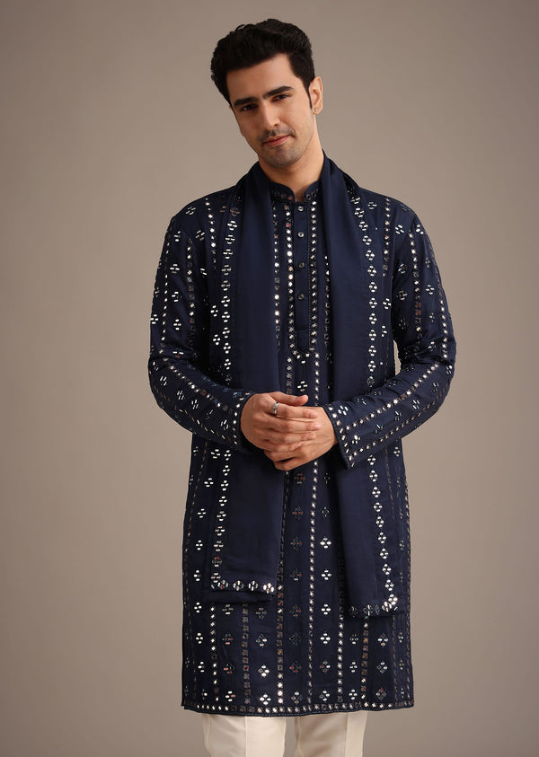 Blue Mirror Embellished Kurta Set With Dupatta