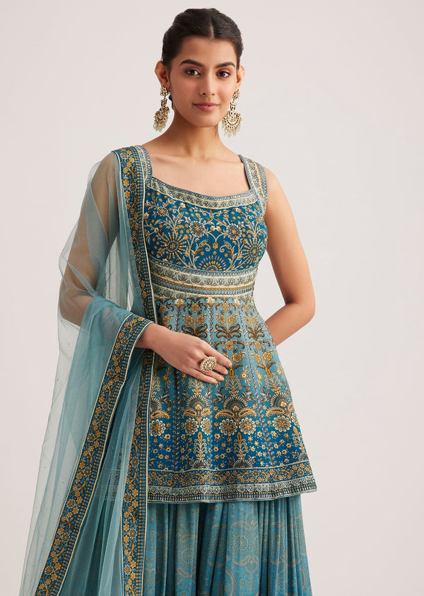 Blue Ombre Crepe Kurta Palazzo Set With Embellished Net Dupatta