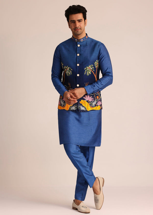 Blue Ombre Silk Jacket Set With Artistic Detailing