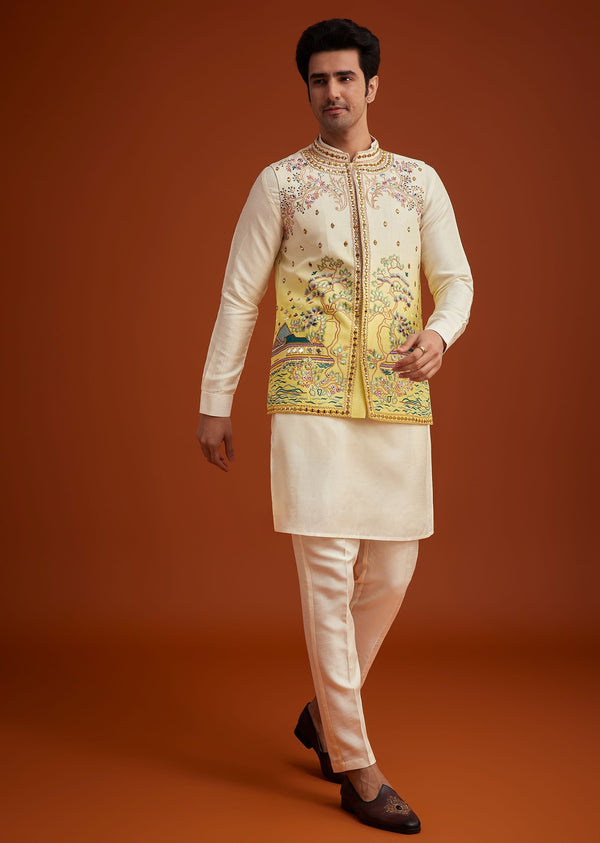 Cream To Yellow Ombre Silk Jacket Set With Thread And Mirror Work