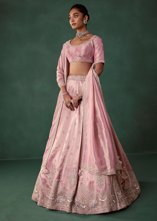 Blush Pink Tissue Butti Embroidered Bridal Lehenga Set