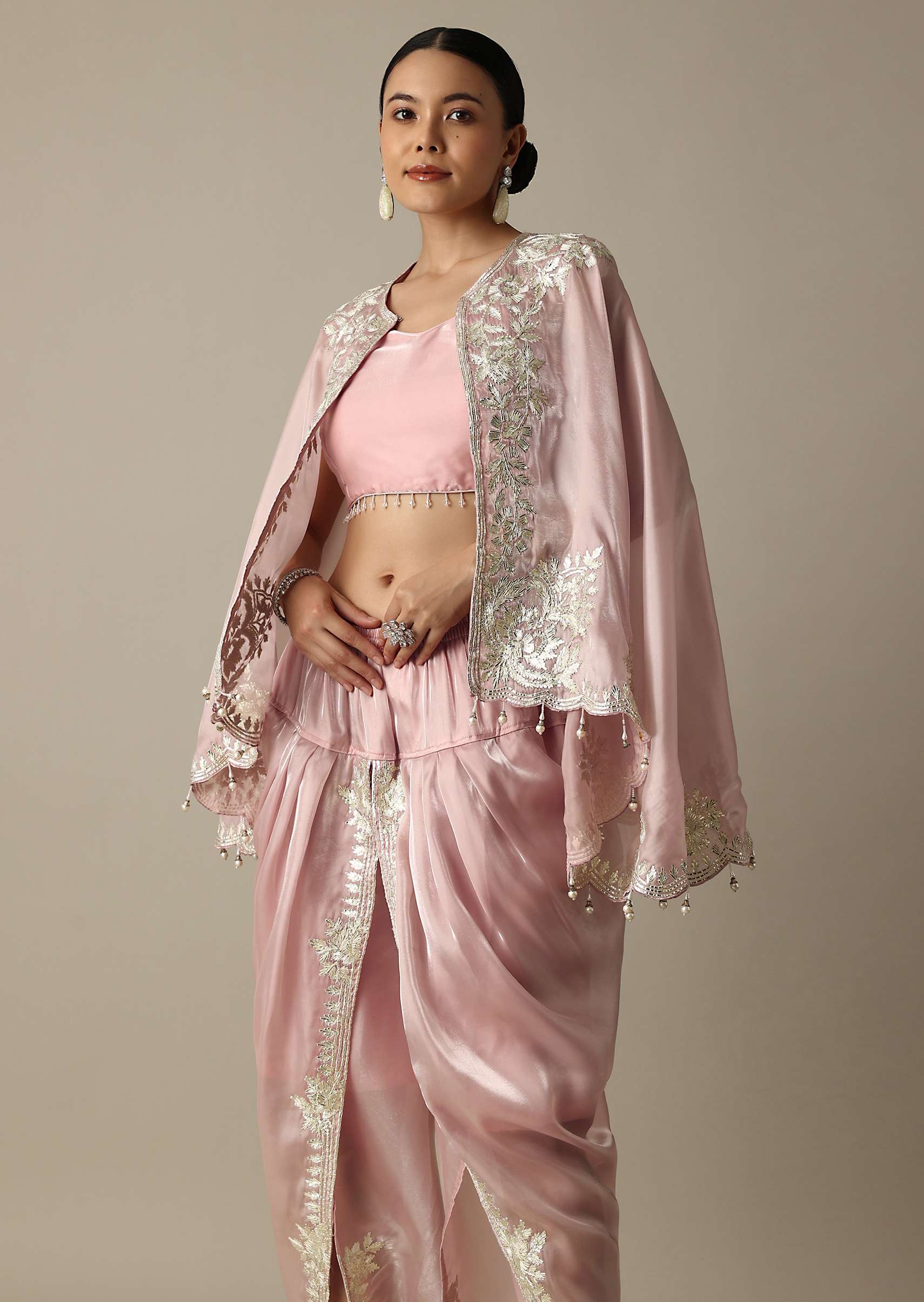 Blush pink organza dhoti set with gotta patti work